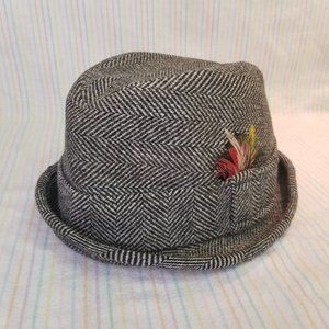 1950s 1960s Resistol Snap-Back Tweed Fedora Hat Black White Feathers Vtg Trilby
